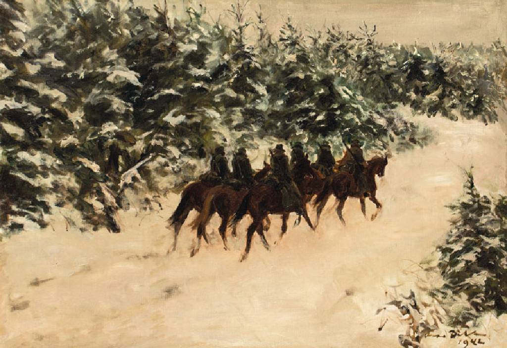 Otto Dill, 1884-1957, Reiter im Winter auf der Jagd, Öl/Lwd, re unten handsign., dat. 1942, ca. 70x100 cm, Rahmen, Provenienz: private Sammlung Pfalz