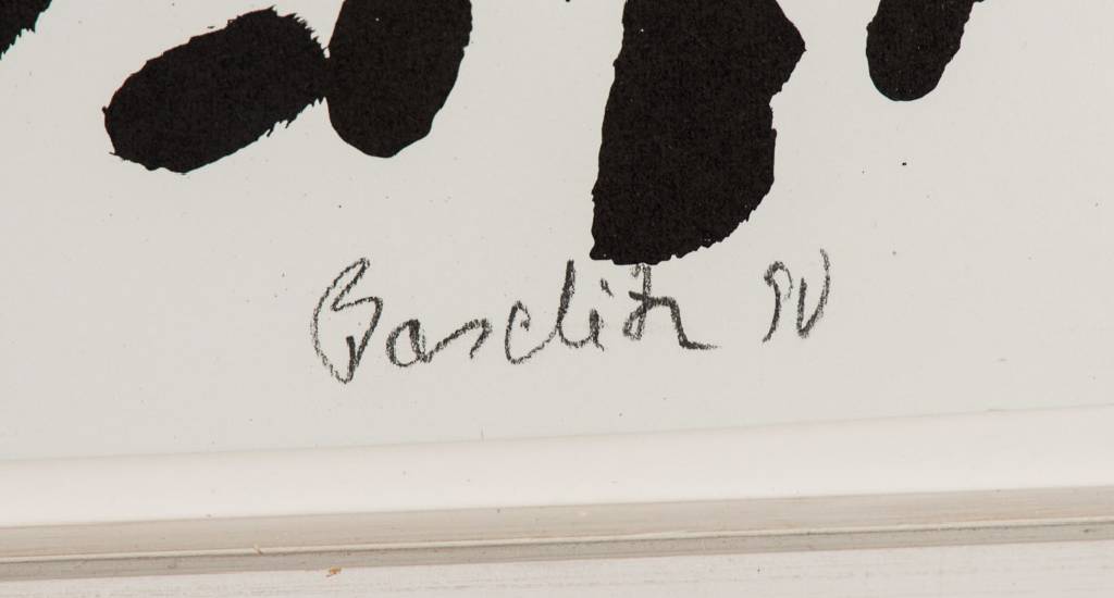 Detail a: Georg Baselitz, geb. 1938, Offset- Lithografie auf Büttenpapier, handsign., num. 35/35, aus 1990, Blattgr. 100x70 cm, unter Glas gerahmt