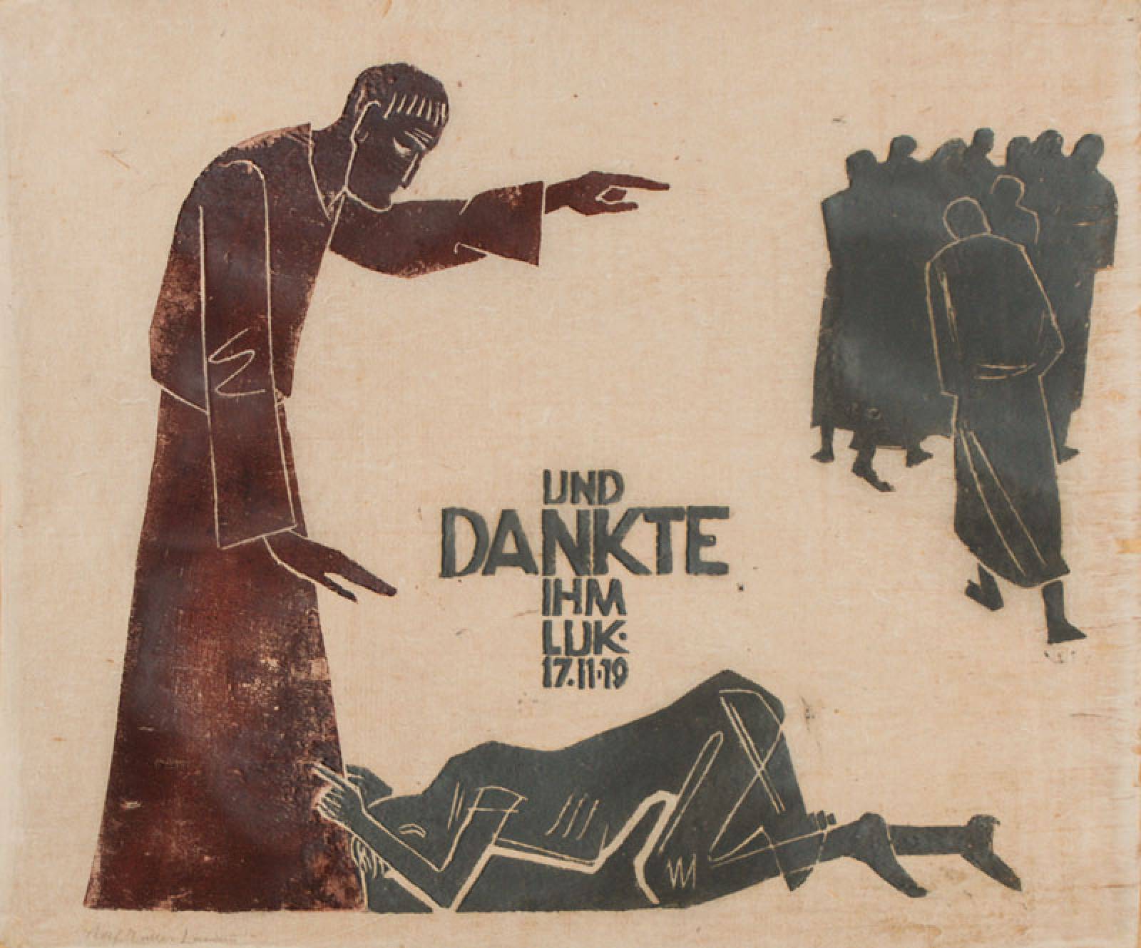 Rolf Müller-Landau, 1903-1956, Holzschnitt, Und dankte ihm, Luk. 17-11-19, handsign., ca. 44x52 cm, unter Glas gerahmt, gesamt 69x74cm