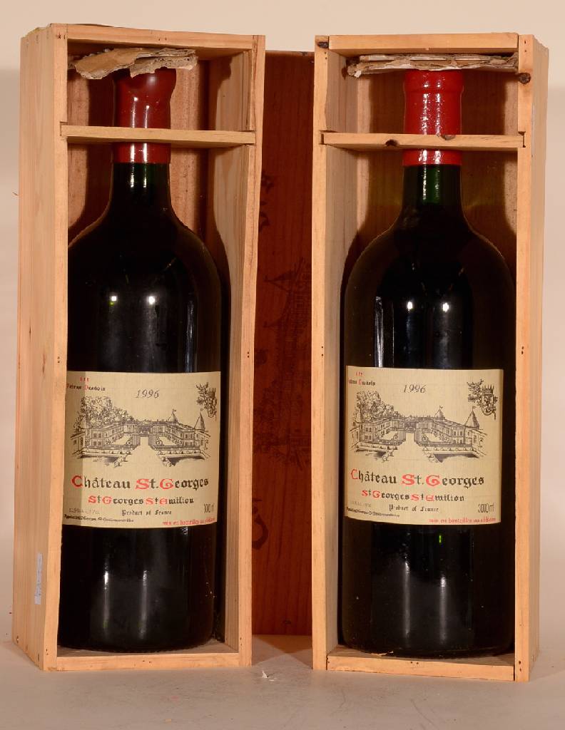 2 Doppelmagnumflaschen 1996 Chateau Saint Georges, St. Georges-St. Emilion, je ca. 300 cl, 12,5 % Vol., unverkostet, Füllstände: je ca. into neck, ...