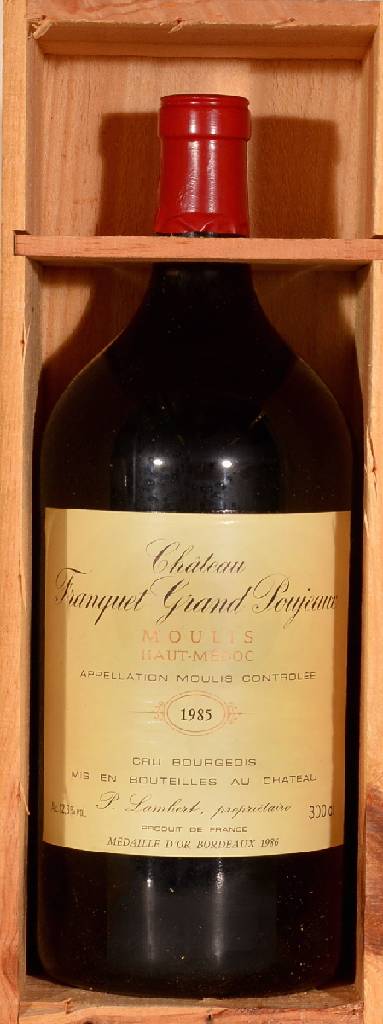 1 Doppelmagnumflasche 1985 Chateau Franquet Grand Poujeaux, Cru bourgeois, Moulis, Haut-Medoc, ca. 300 cl, 12,6 % Vol., unverkostet, Füllstand: ca. ...