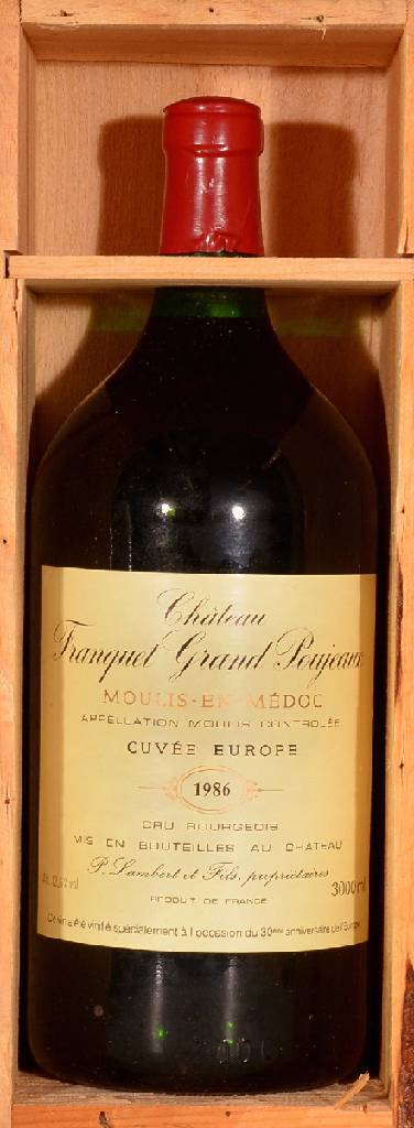 1 Doppelmagnumflasche 1986 Chateau Franquet Grand Poujeaux, Cru bourgeois, Cuvee Europe, Moulis, Haut-Medoc, ca. 300 cl, 12,6 % Vol., unverkostet, ...