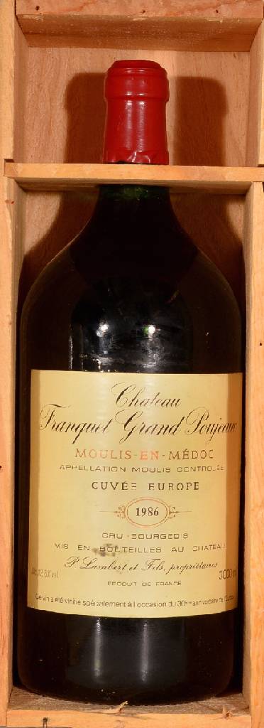 1 Doppelmagnumflasche 1986 Chateau Franquet Grand Poujeaux, Cru bourgeois, Cuvee Europe, Moulis, Haut-Medoc, ca. 300 cl, 12,6 % Vol., unverkostet, ...