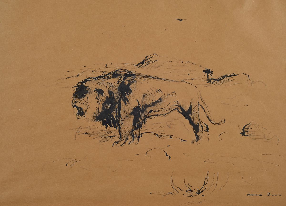 Otto Dill, 1884 Neustadt-1957 Bad Dürkheim, Löwe in der Wüste, Tuschfederzeichnung auf Papier, gebräunt, rechts unten signiert, ca. 25x35cm, ...