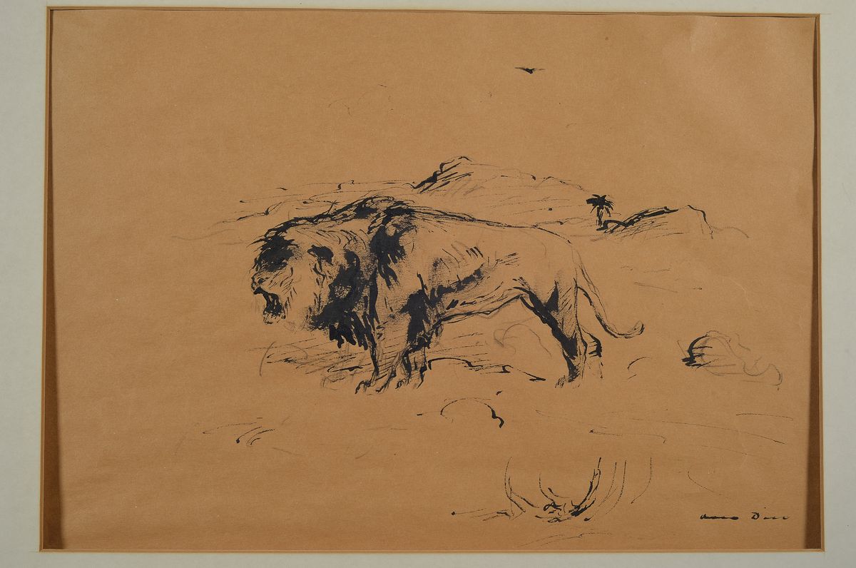 Detail k: Otto Dill, 1884 Neustadt-1957 Bad Dürkheim, Löwe in der Wüste, Tuschfederzeichnung auf Papier, gebräunt, rechts unten signiert, ca. 25x35cm, ...