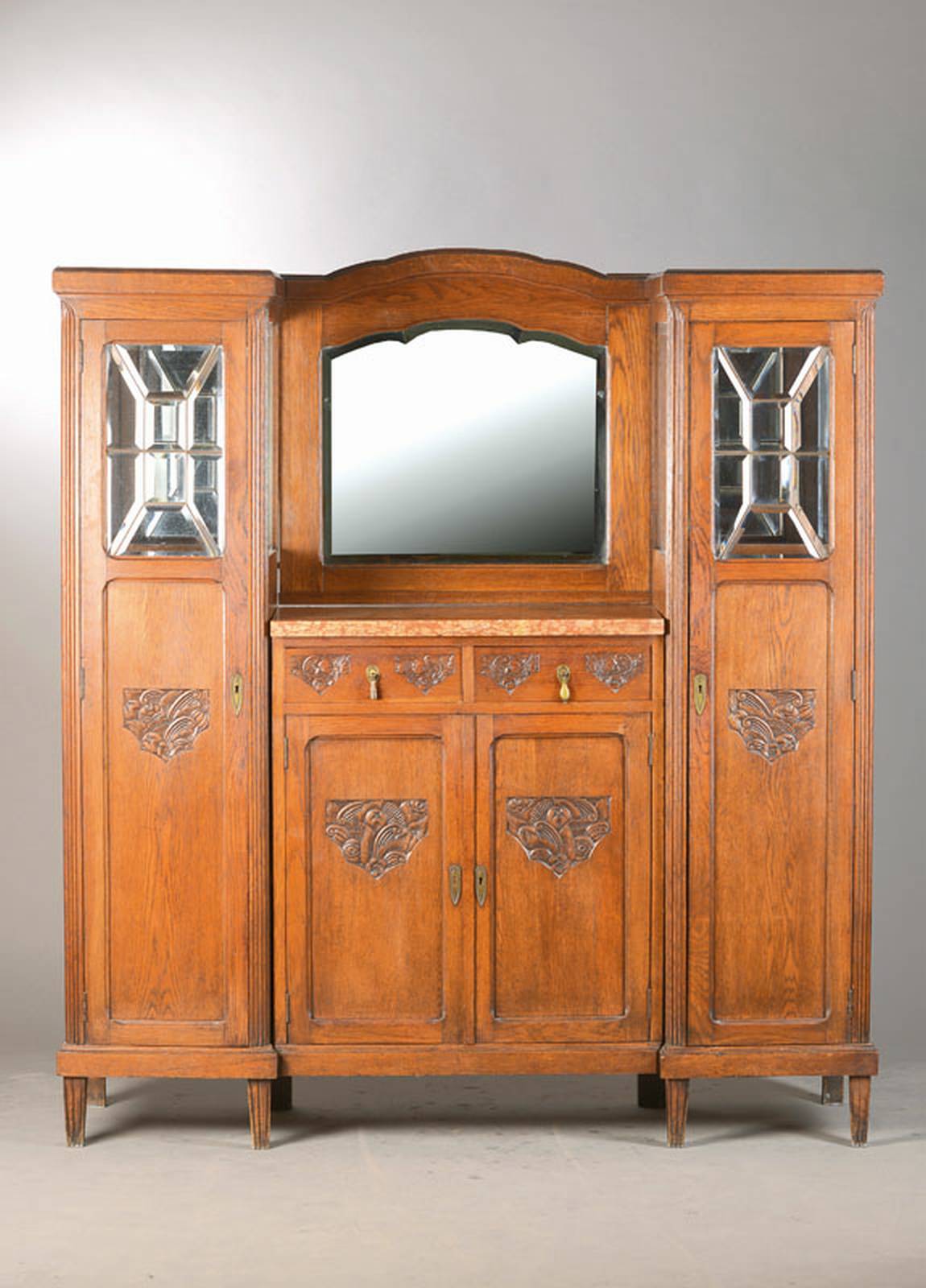 Jugendstil-Zierschrank, südwestdeutsch / Frankreich, um 1910, Eiche massiv, 2 Seitenschränke, 4-türig, 2-schübig, fac. Spiegel, Seitenvitrinen ...