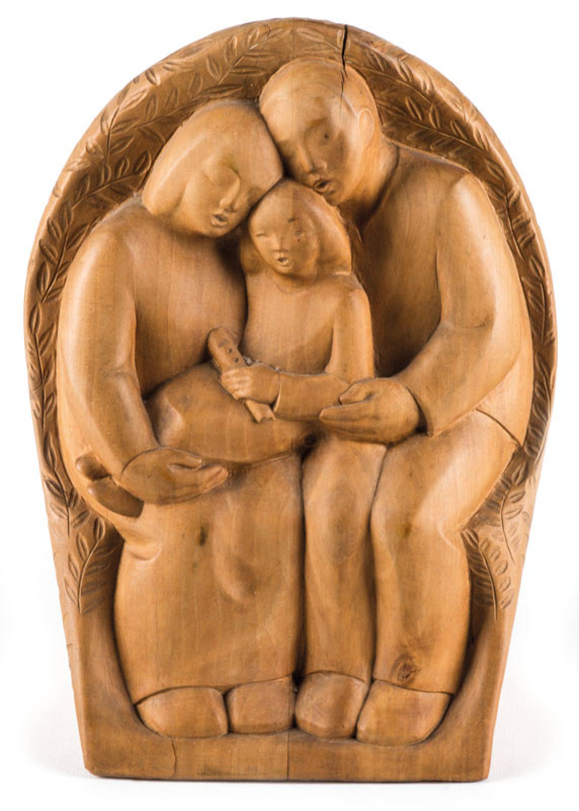 Will Brüll, geb. 1922, Familie, Skulptur aus Lindenholz, am Boden sign., dat. 1948, einige Sprünge im Holz, ca. 29x21x13 cm