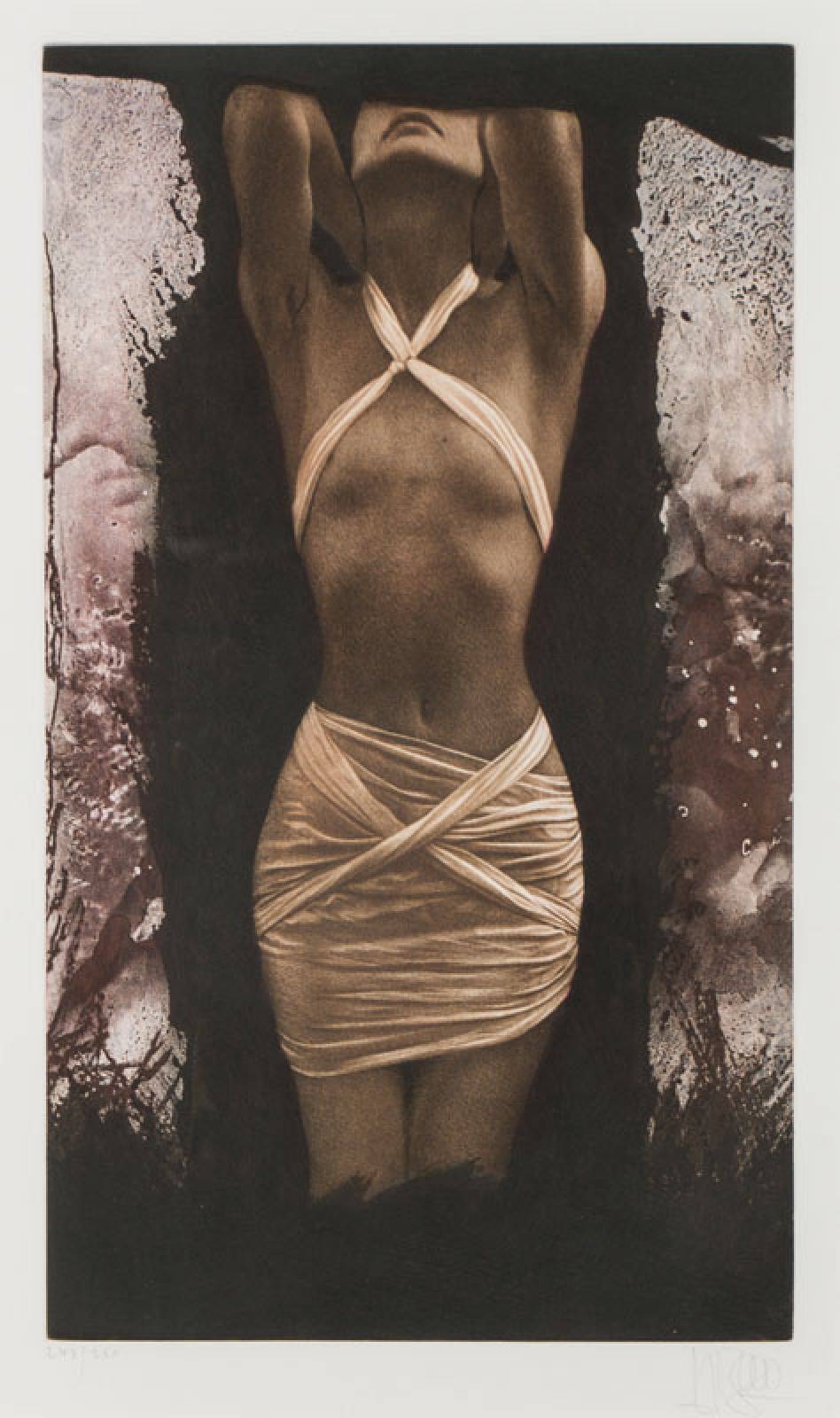 Willi Kissmer, geb. 1951, Halbakt mit zwei Tüchern, Farbradierung, handsign., num. 243/250, Platte 42x24 cm, unter Glas gerahmt, gesamt 62x41 cm