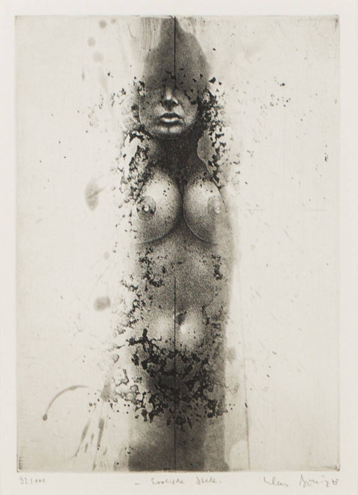 Klaus Boettger, 1942-1992, Erotische Stele, Radierung, handsign., num. 92/100, Platte 22x16 cm, unter Glas gerahmt, gesamt 56x44 cm