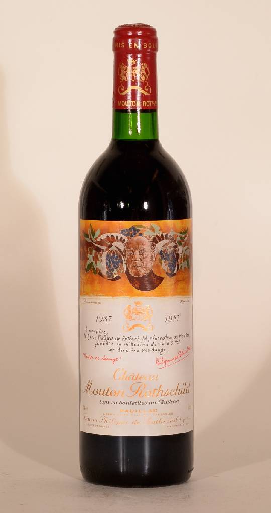 1 Flasche 1987 Chateau Mouton Rothschild, Pauillac, Premier Grand Cru Classe, ca. 75 cl, 12 % Vol., Füllstand: ca. into neck, unverkostet, sehr ...