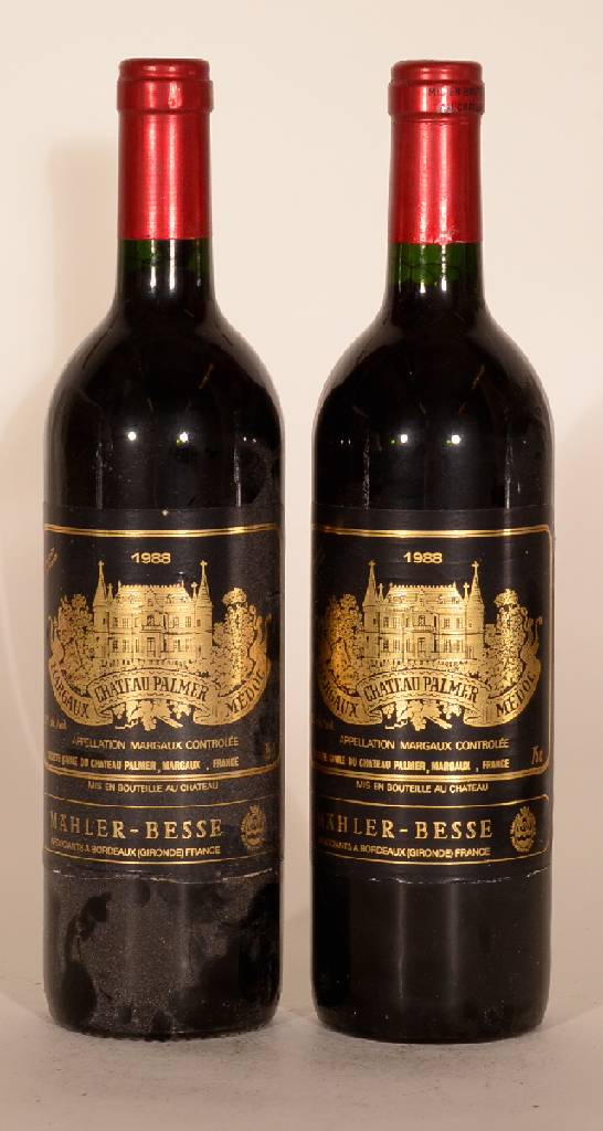2 Flaschen 1988 Chateau Palmer, Margaux, je ca. 75 cl, 12 % Vol., Füllstände: je ca. into neck, unverkostet, sehr gute Erhaltungszustände