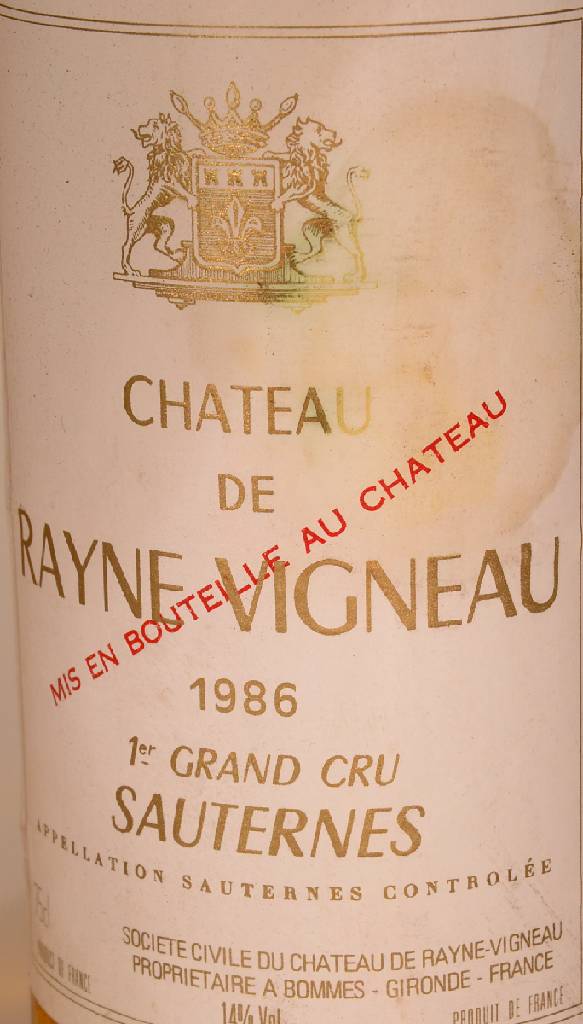 Detail a: 2 Flaschen 1986 Chateau De Rayne Vigneau Sauternes, Premier Grand Cru, je ca. 75 cl, 14 % Vol., Füllstände: je ca. into neck, unverkostet, sehr ...