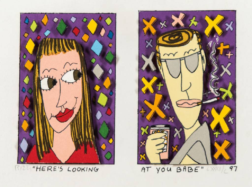James Rizzi, 1950-2011, Here´s looking at you Babe, 3D-Lithographie, handsign., num. LXXXI/C, dat. 1997, ca. 17x21 cm, unter Glas gerahmt, gesamt ...