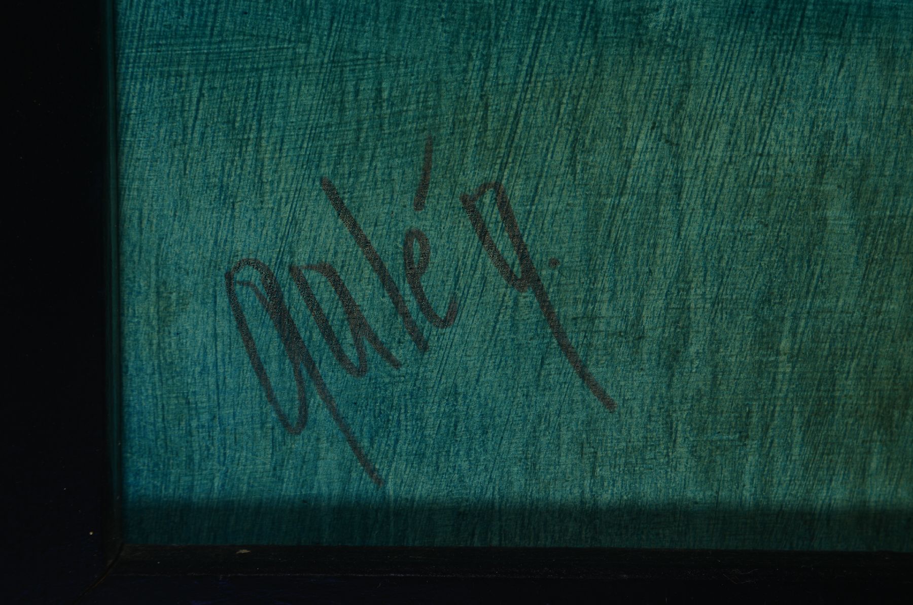 Detail b: Gaston Galé, zeitgenössischer Belgischer Künstler, Abstrakte Komposition in Blautönen, Öl/Holz, sign., ca. 130x96 cm, Rahmen