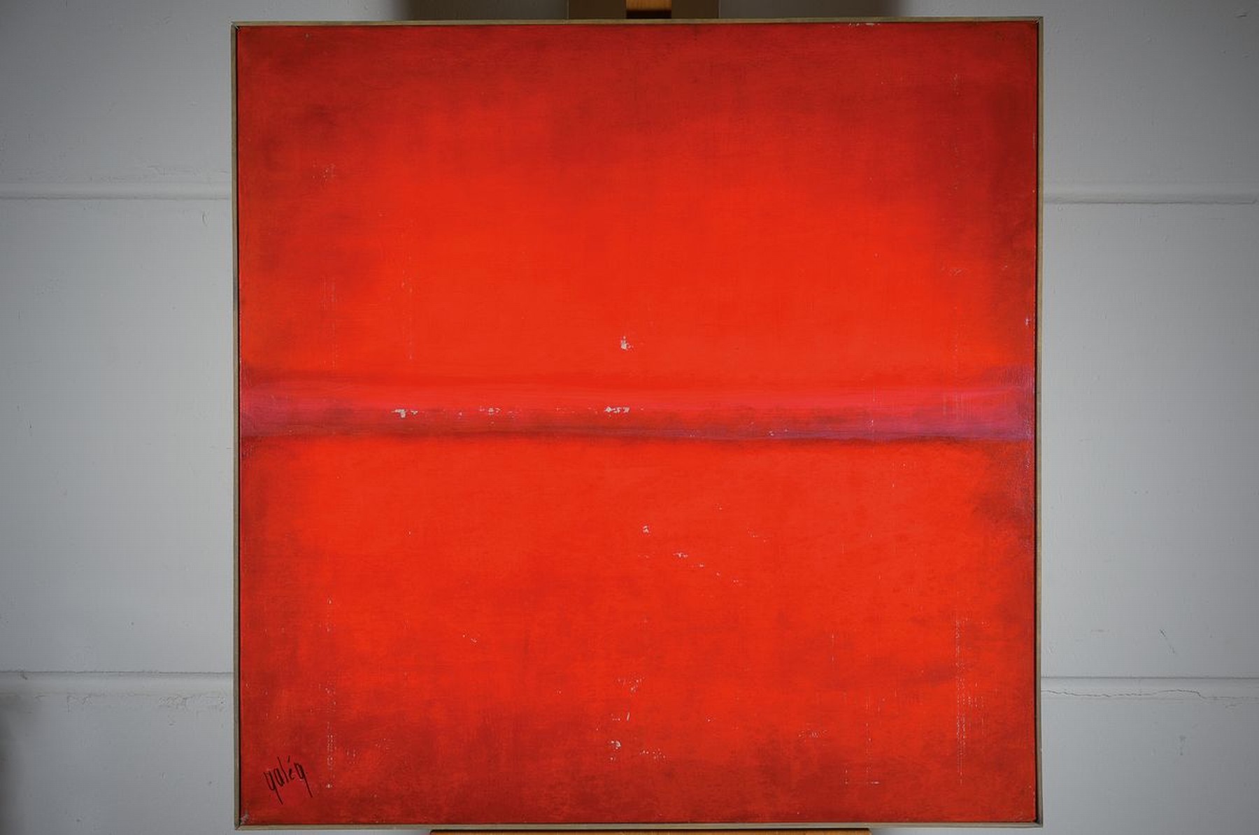 Detail k: Gaston Galé, zeitgenössischer Belgischer Künstler, abstrakte Komposition in Rot, Öl/Lwd, sign., ca. 90x90 cm, farbfehlstellen, starke gebrsp.,