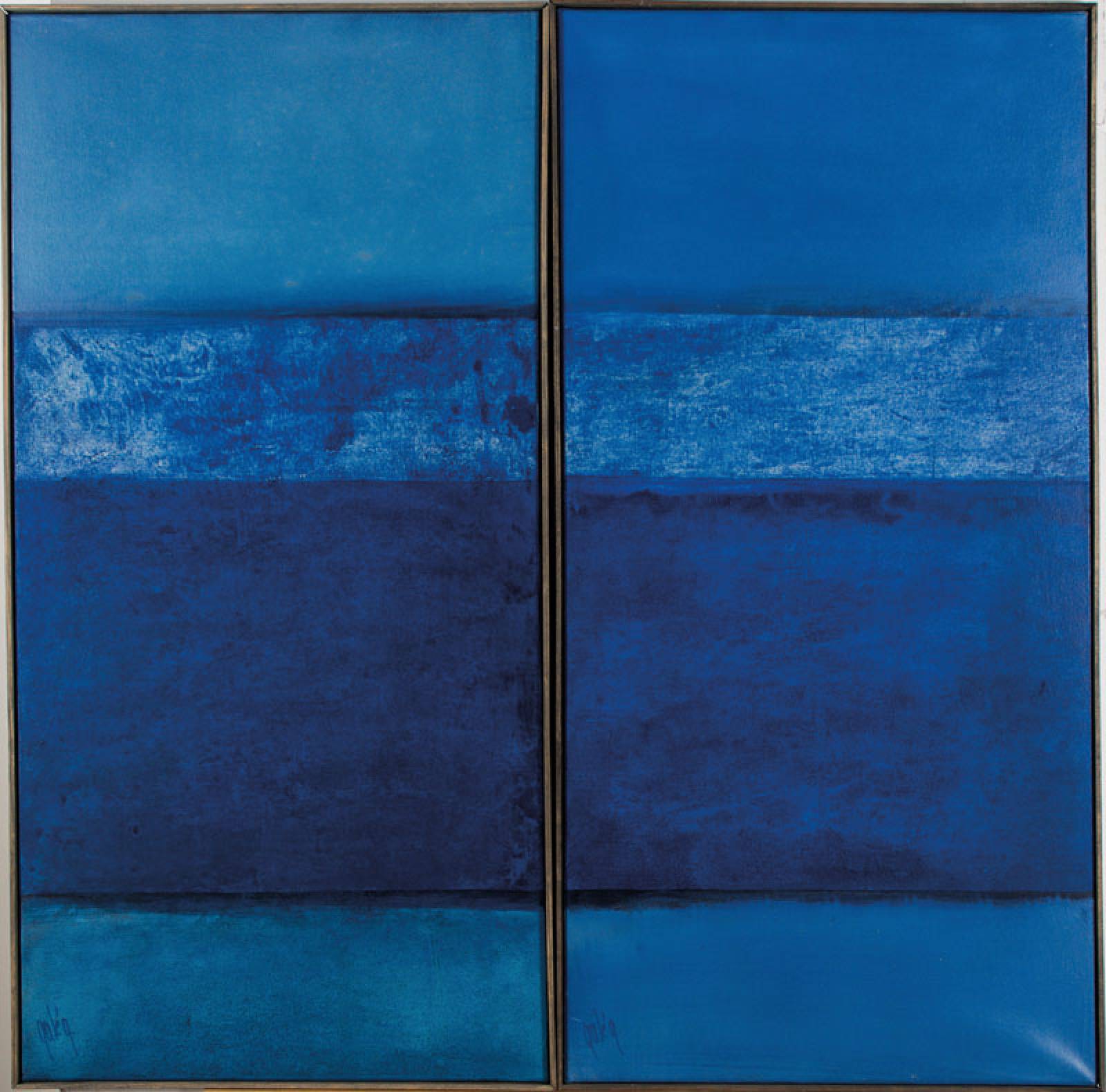 Gaston Galé, zeitgenössischer Belgischer Künstler, 2 Pendants in Blau, sign., ca. 100x50 cm, Leisten