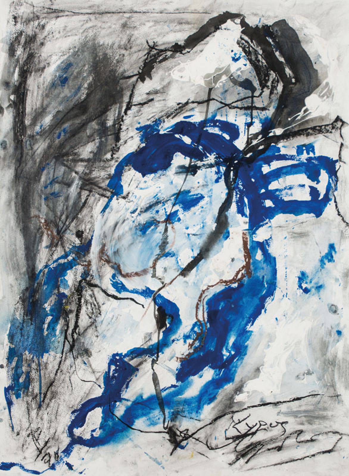 Lypos, zeitgenössischer Französischer Künstler, Komposition in Blau-Grau, sign., Motiv 50x75 cm, unter Glas gerahmt, gesamt 92x72 cm