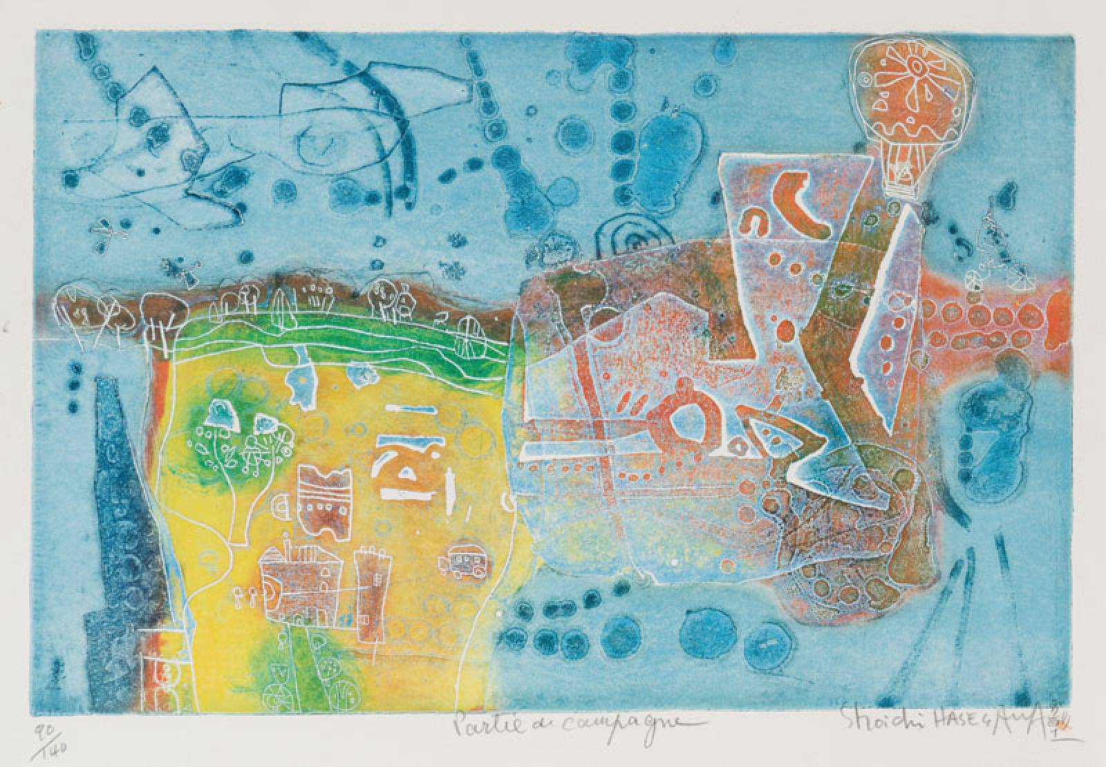 Shoichi Hasegawa, geb. 1929, Partie de champagne, Farbradierung, handsign., betitelt,num. 90/140, Platte 32x49 cm, Blattgr. 38,5x57cm