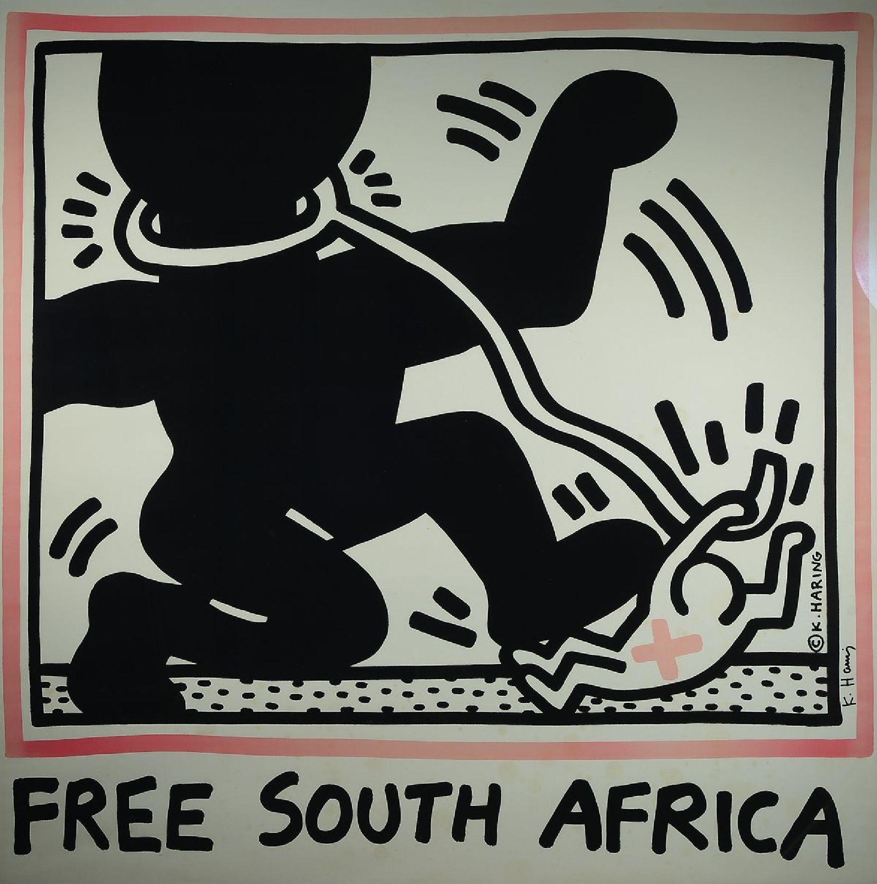 Keith Haring, 1958-1990, Free South Africa, Lithografie, handsign., unter Glas gerahmt, Blatt stark verblichen, Blattgr. 121,5x121,5 cm