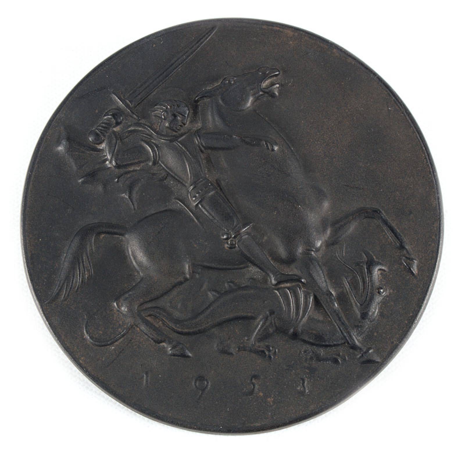Arno Breker, 1900-1991, Heiliger Georg, Jahresplakette 1953, Eisenguss, Gießerstempel Buderus, ca. 14 cm