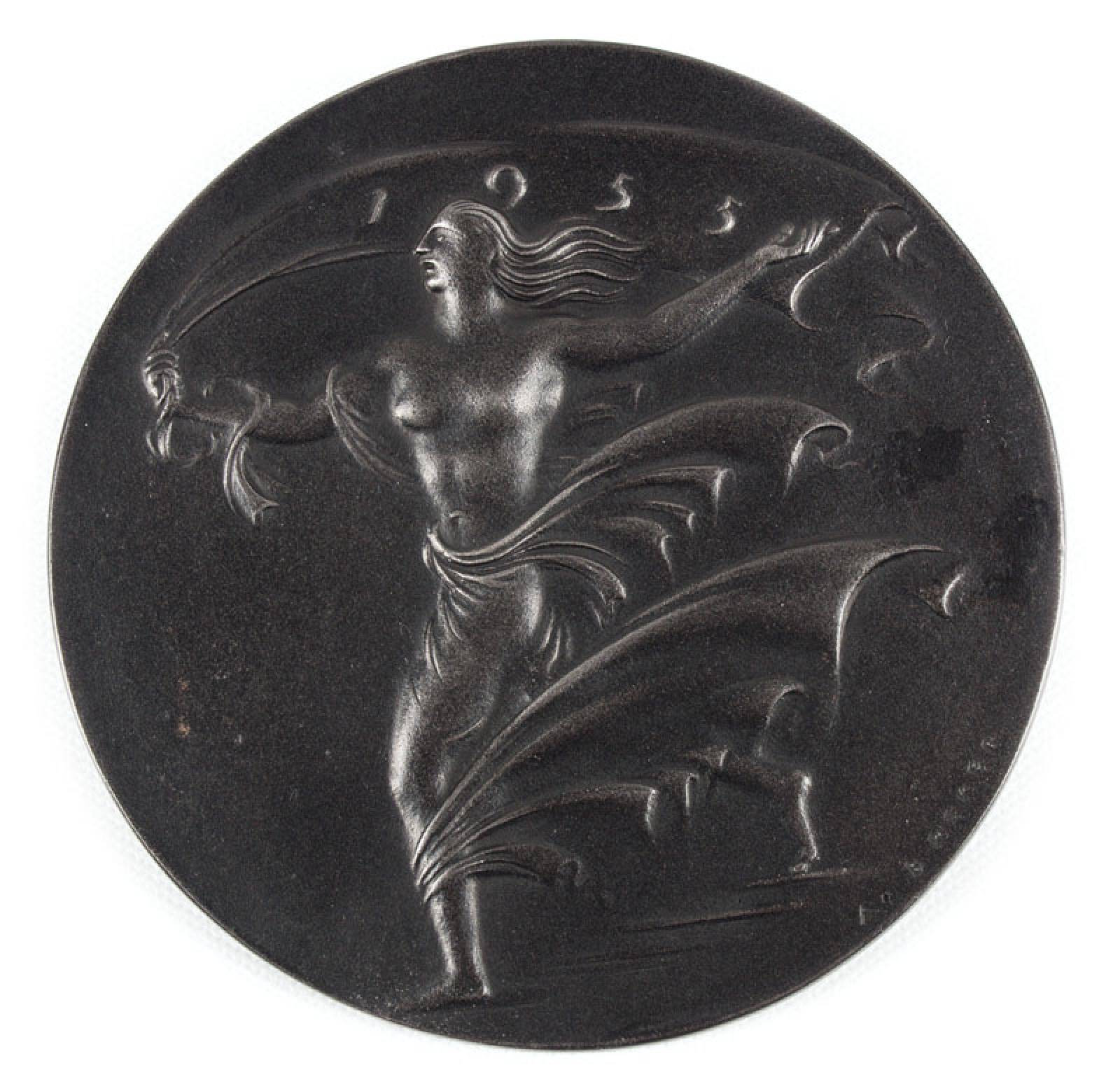 Arno Breker, 1900-1991, Tanzende Nymphe, Jahresplakette 1955, Eisenguss, sign., Gießerstempel Buderus, ca. 14 cm