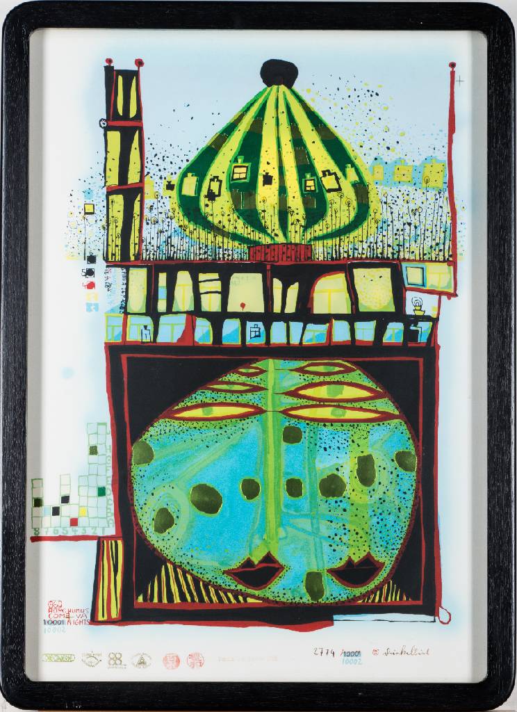 Friedensreich Hundertwasser, 1928-2000, Homo Humus Come Va, 1984, Farbserigraphie, sign., num. 2774/10002, 70x50 cm, unter Glas gerahmt