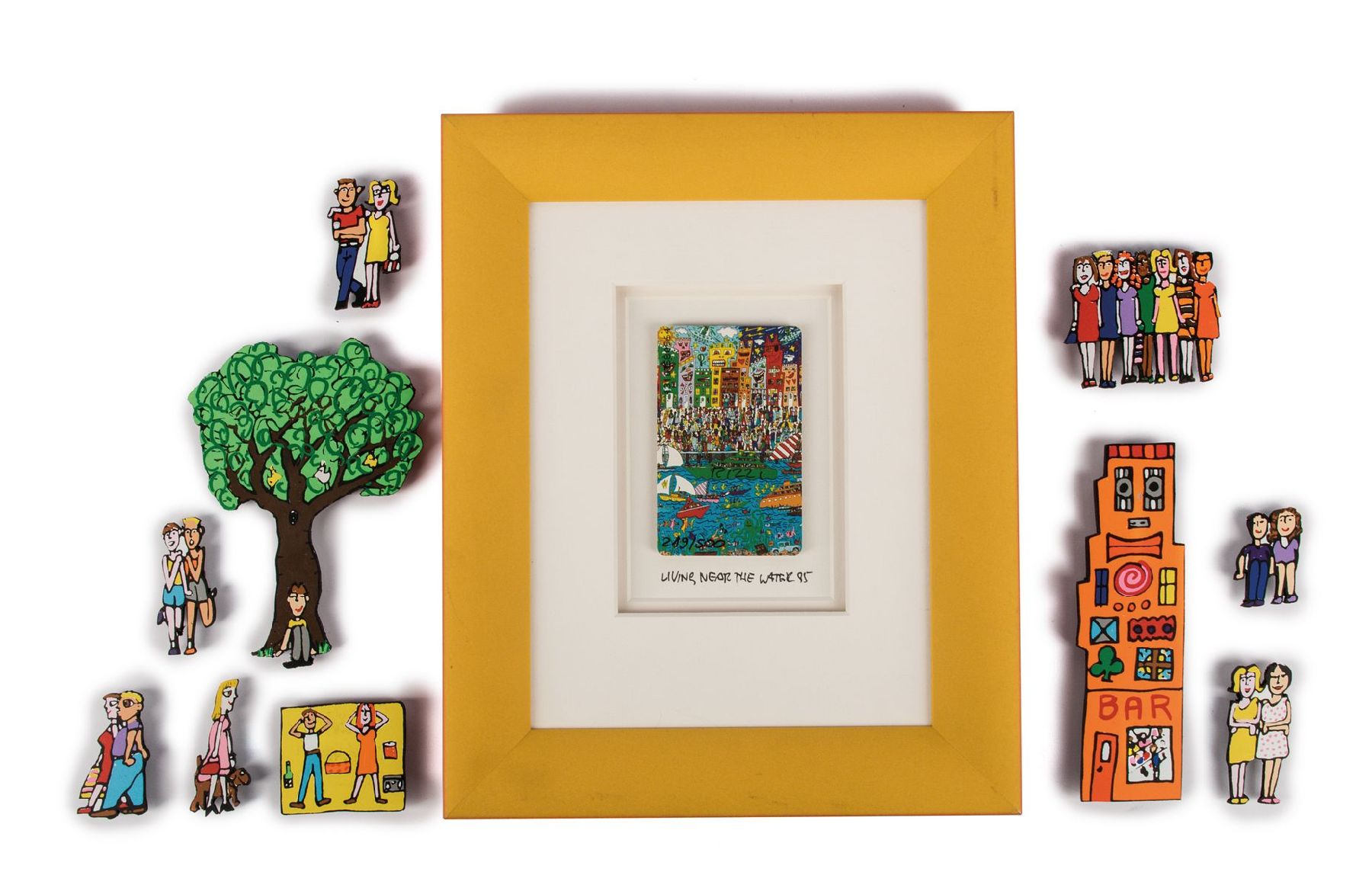 James Rizzi, 1950-2011, Konvolut aus einer Telefonkarte und 10 Magneten , Telefonkarte sign., num. 219/500, unter Glas gerahmt, Karte ca, 8,5x5,5 cm, ...