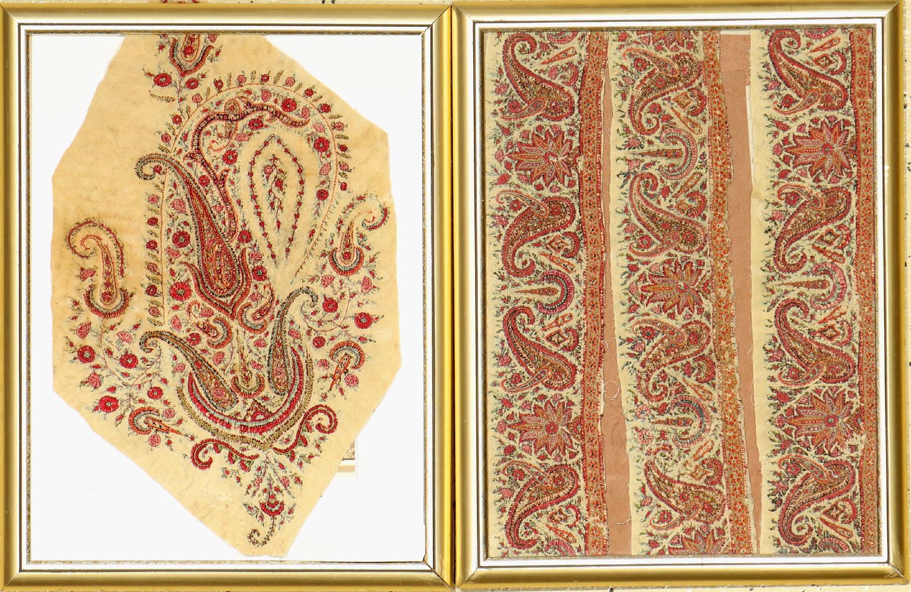 Kerman "Stickerei" antik (Fragment), Persien, 19.Jhd., Wolle auf Wolle. Beide Fragmente snd hinter Glas hochwertig eingerahmt, selten, ...