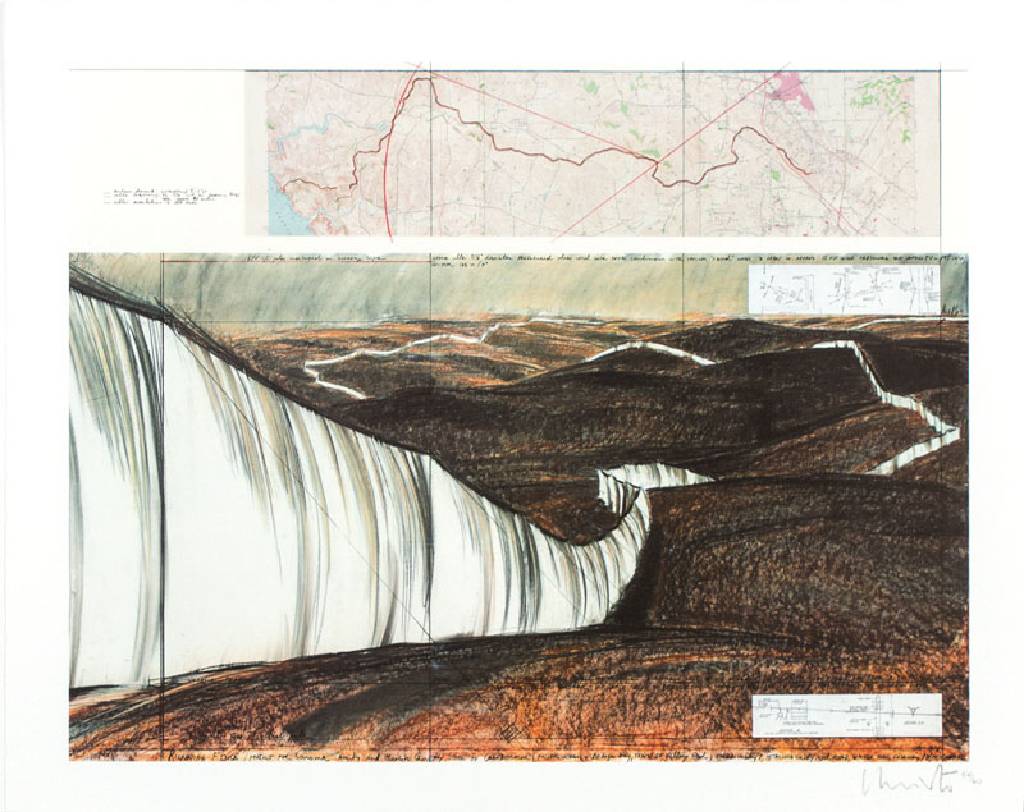 Christo, geb. 1935, Running Fence,(Project for Marin Country and Sonoma Country, California), 1976, Granolithographie mit Collage auf strukturiertem ...