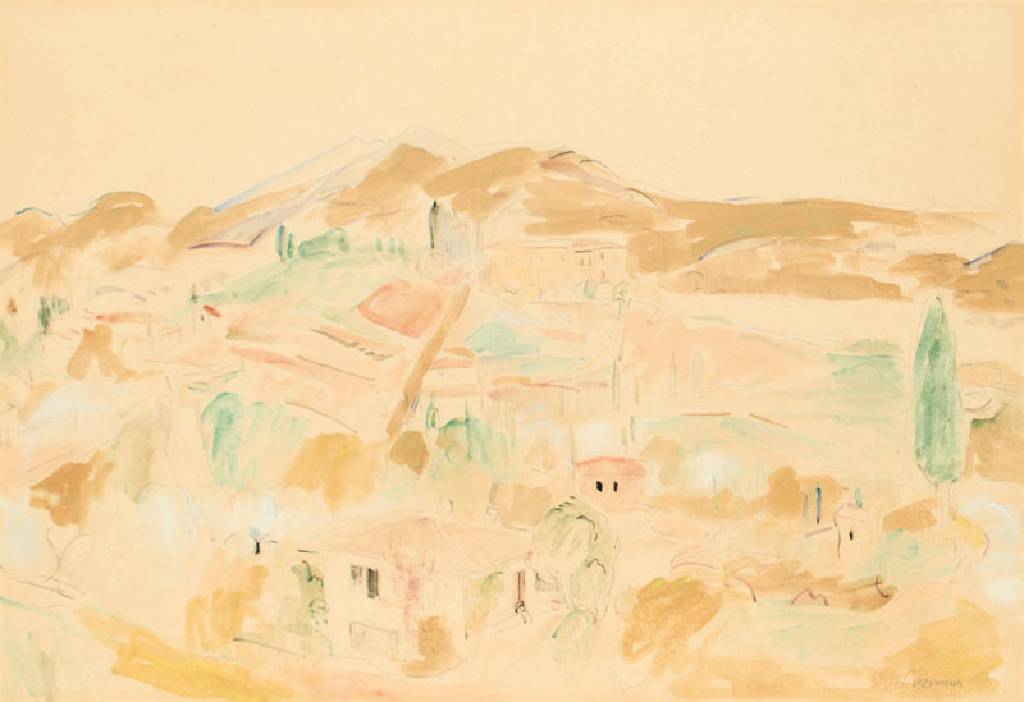 Hans Purrmann, 1880-1966, Landschaft in Italien, Aquarell auf Büttenkarton, 1940, re unten handsign., Blattgr. 35x61 cm, unter Glasgerahmt, gesamt ...