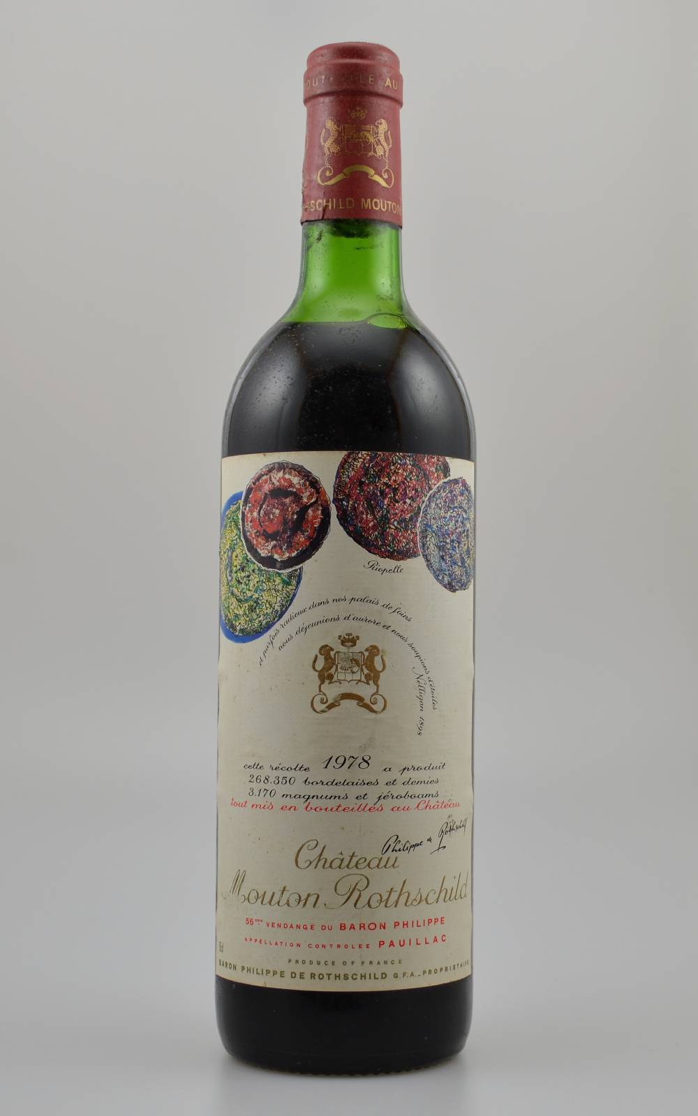 1 Flasche 1978 Chateau Mouton Rothschild, Pauillac, Premier Grand Cru Classe, ca. 75 cl, Füllstand: ca. upper mid shoulder, Kapsel stärker besch., ...
