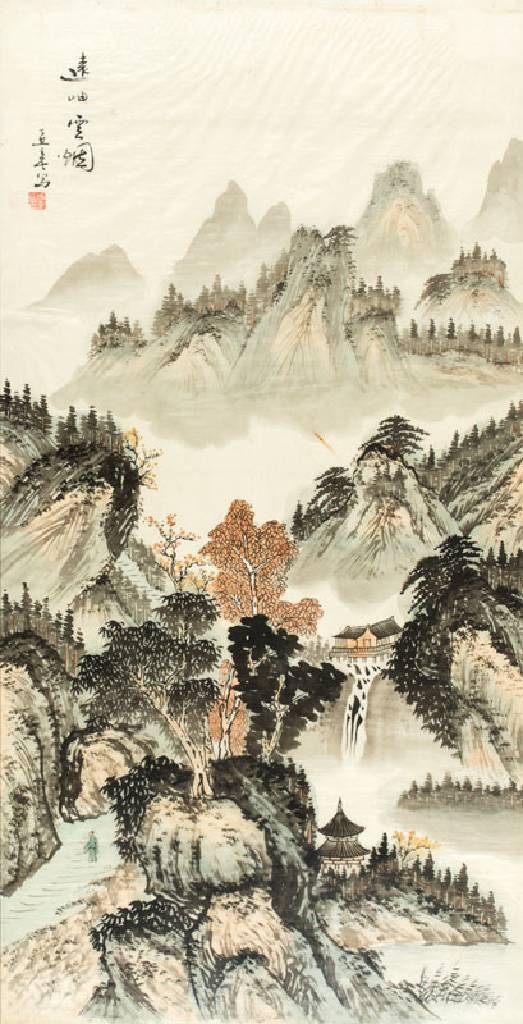 asiatischer Künstler, Aquarell auf Seide, Künstlersiegel, kleiner brauner Fleck auf der Seide, ca. 117x60 cm, unter Glas gerahmt