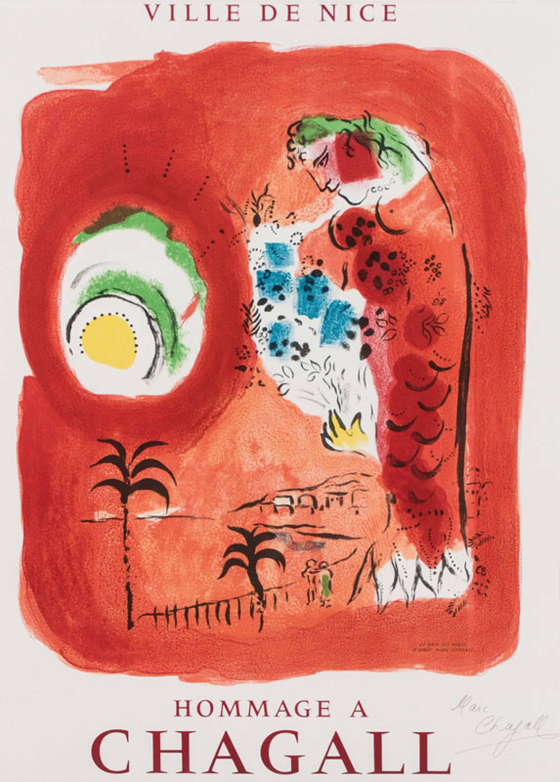 Marc Chagall, 1887-1985, Ausstellungsplakat, Lithografie, drucksign., PP-Ausschnitt ca. 48x39 cm, unter Glas gerahmt, gesamt ca. 87x67 cm