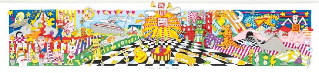 James Rizzi, 1950-2011, Follow the Sun, 3D- Lithographie, handsign., dat. 1995, num. 203/350, Blattgr. 37,5x88,5 cm, unter Glas gerahmt, gesamt ...