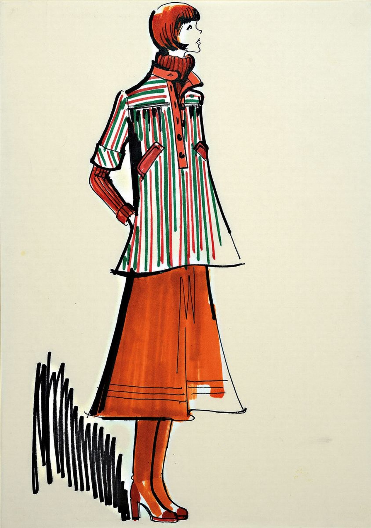 Karl Lagerfeld, geb. 1933 Hamburg, Modezeichnung, Filzstift auf Papier, ca. 30x21 cm, Blattgr. 51x34 cm, l. verschmutzt, knicken