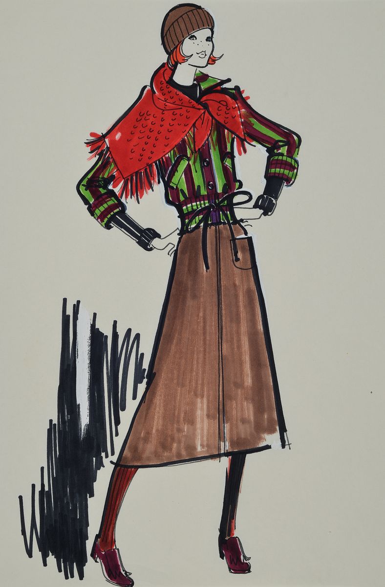 Karl Lagerfeld, geb. 1933 Hamburg, Modezeichnung, Filzstift auf Papier, ca. 29,5x21 cm, Zeichnung auf dickem Papier montiert, Blattgr. 51x34 cm, ...