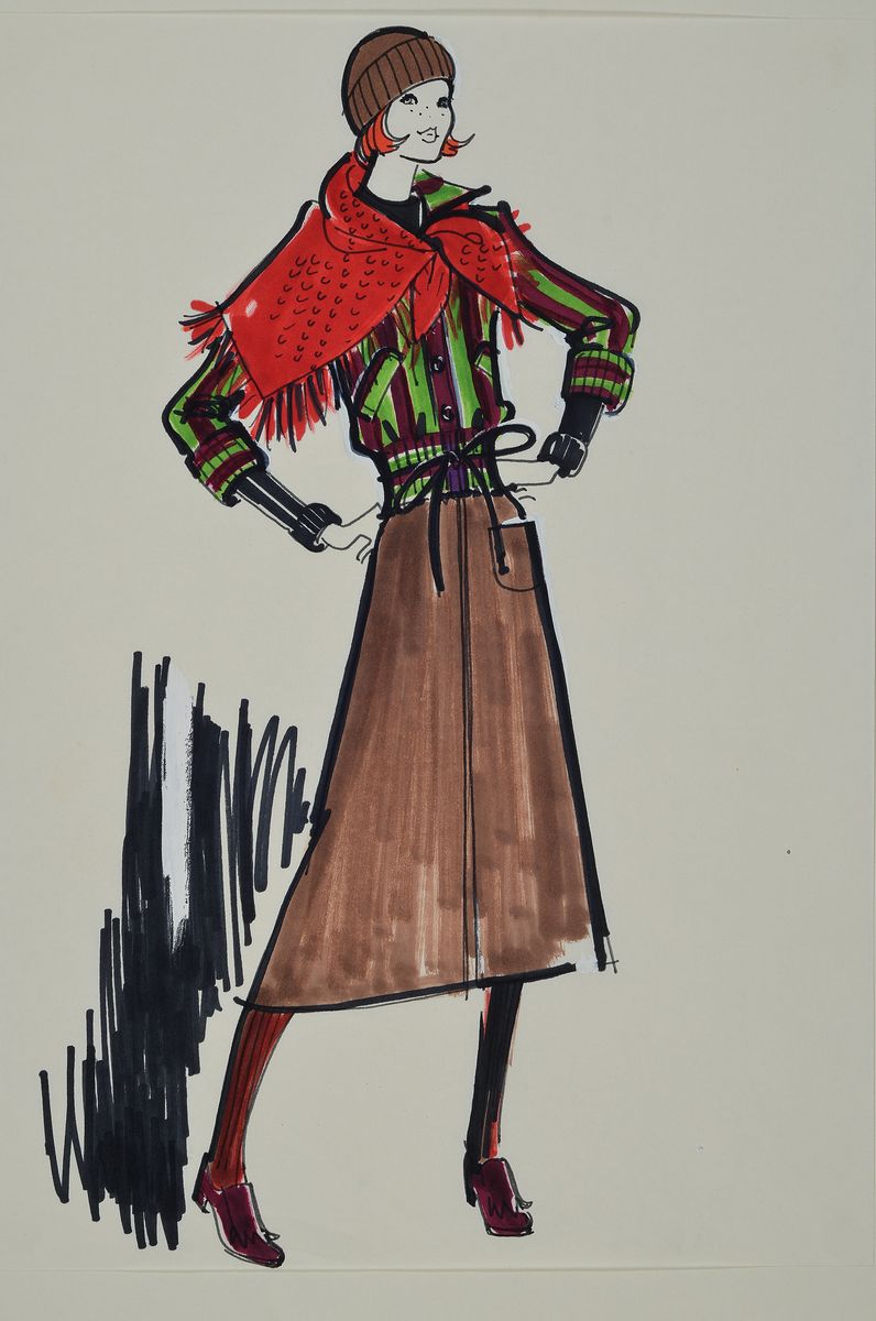 Detail k: Karl Lagerfeld, geb. 1933 Hamburg, Modezeichnung, Filzstift auf Papier, ca. 29,5x21 cm, Zeichnung auf dickem Papier montiert, Blattgr. 51x34 cm, ...