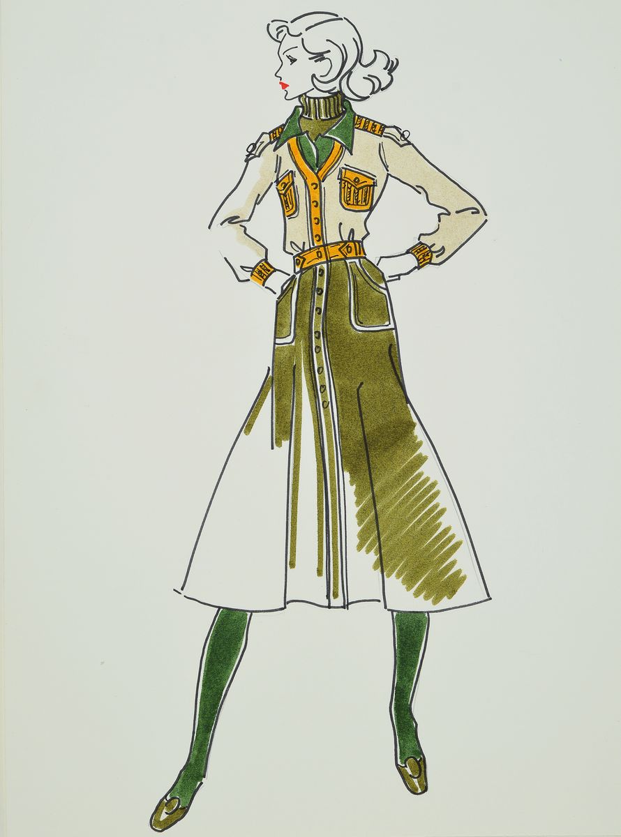 Karl Lagerfeld, geb. 1933 Hamburg, Modezeichnung, Filzstift auf Papier, ca. 34x25cm, Zeichnung auf dickem Papier montiert, Blattgr. 51x34 cm, ...