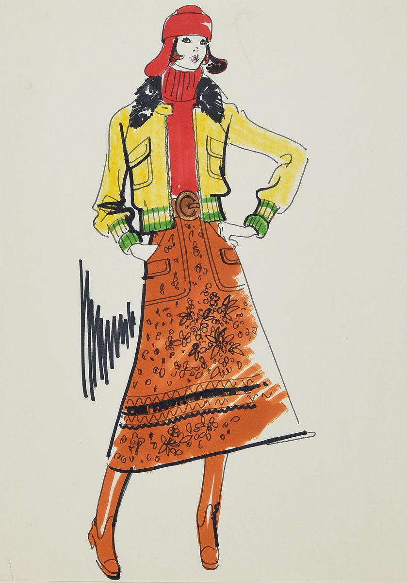 Karl Lagerfeld, geb. 1933 Hamburg, Modezeichnung, Filzstift auf Papier, ca. 30x21 cm, Zeichnung auf dickem Papier montiert, Blattgr. 51x34 cm, ...