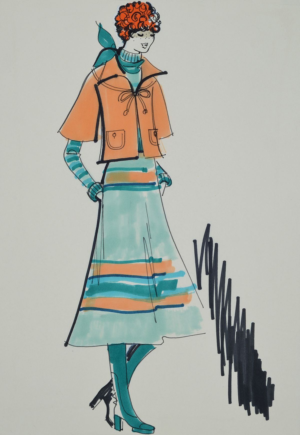 Karl Lagerfeld, geb. 1933 Hamburg, Modezeichnung, Filzstift auf Papier, ca. 29,5x21 cm, Zeichnung auf dickem Papier montiert, Blattgr. 51x34 cm, ...