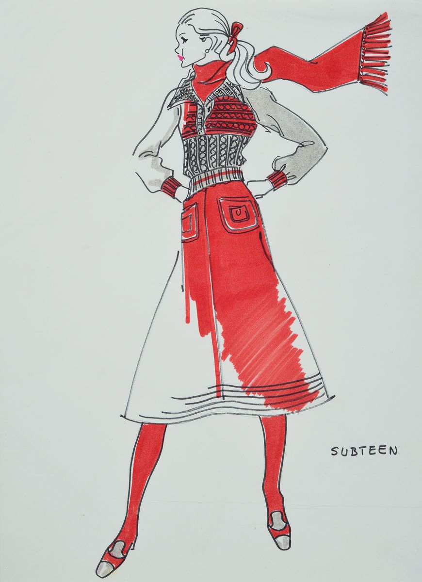 Karl Lagerfeld, geb. 1933 Hamburg, Modezeichnung Subteen, Filzstift auf Papier, ca. 34x25 cm, Zeichnung auf dickem Papier montiert, Blattgr. 51x34 ...