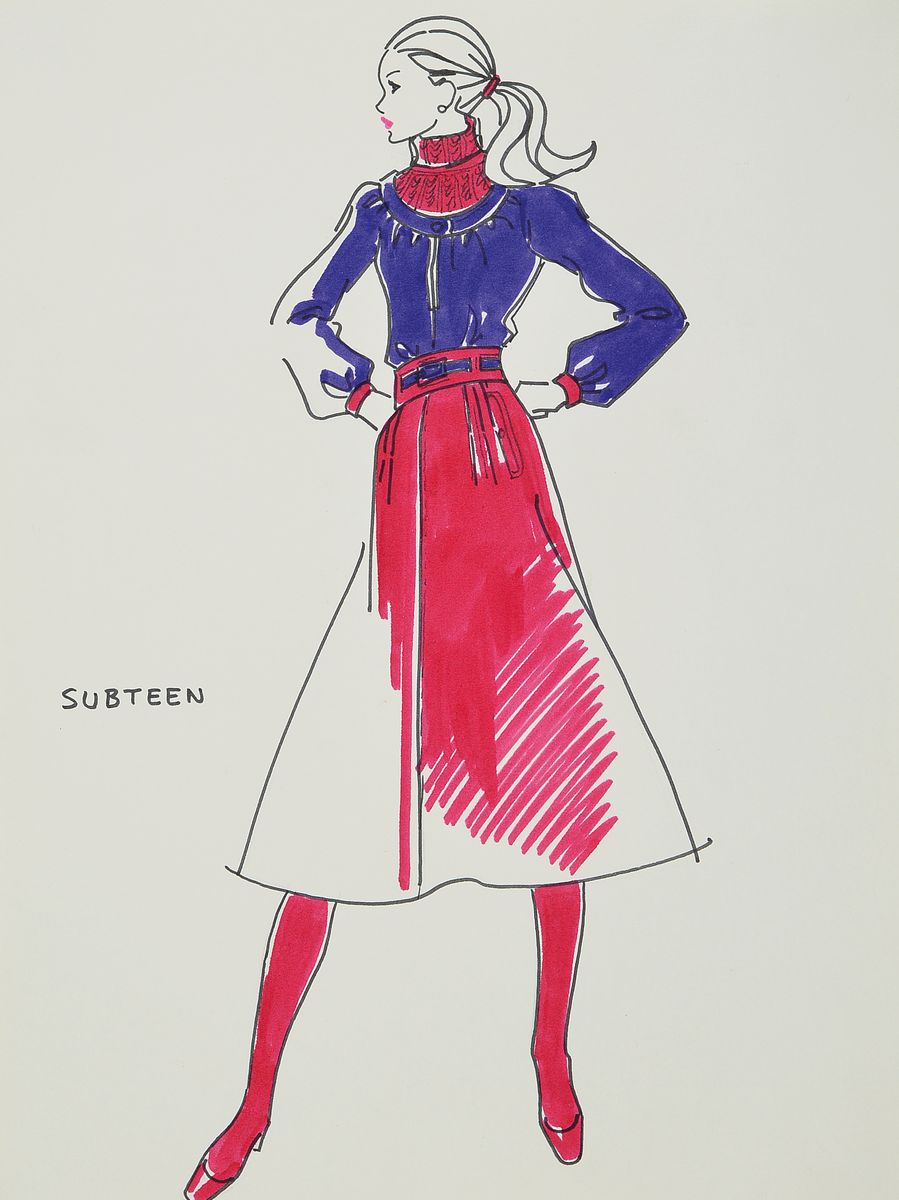 Karl Lagerfeld, geb. 1933 Hamburg, Modezeichnung Subteen, Filzstift auf Papier, ca. 34,5x25,5 cm, Zeichnung auf dickem Papier montiert, Blattgr. ...