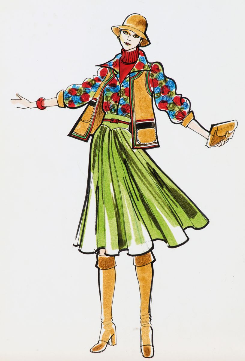 Karl Lagerfeld, geb. 1933 Hamburg, Modezeichnung, Filzstift auf Papier, ca. 34x25,5 cm, Zeichnung auf dickem Papier montiert, Blattgr. 51x34 cm, ...