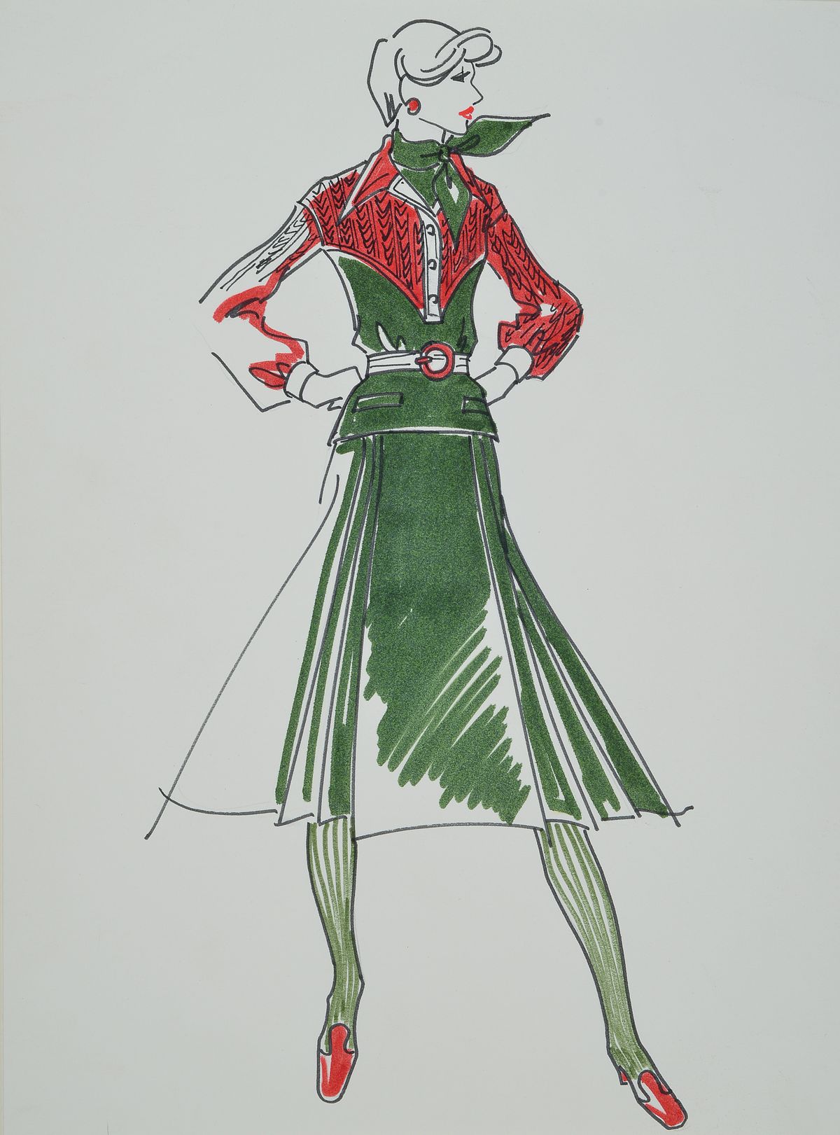 Karl Lagerfeld, geb. 1933 Hamburg, Modezeichnung, Filzstift auf Papier, ca. 34,5x25,5 cm, Zeichnung auf dickem Papier montiert, Blattgr. 51x34 ...