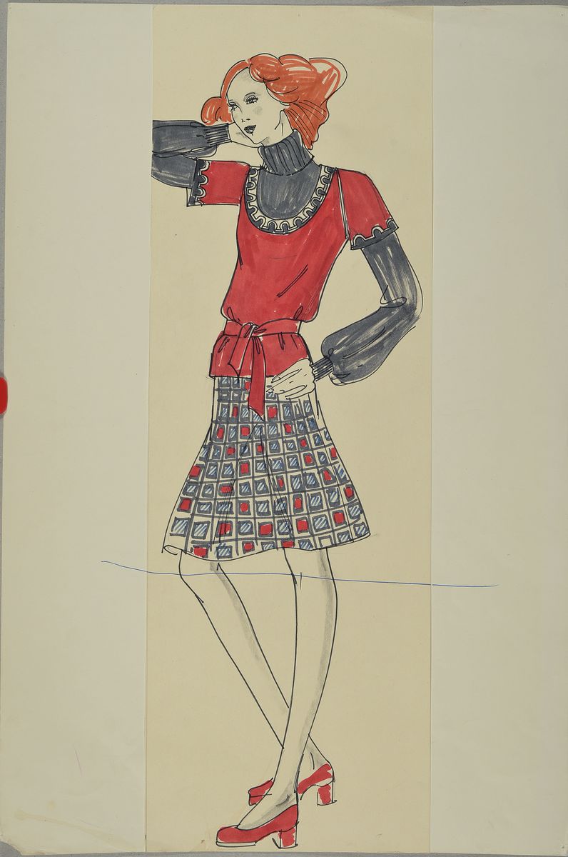 Detail k: Karl Lagerfeld, geb. 1933 Hamburg, Modezeichnung, Filzstift, Aquarell auf Papier, ca. 51,5x34 cm, Zeichnung auf dickem Papier montiert, Blattgr. ...