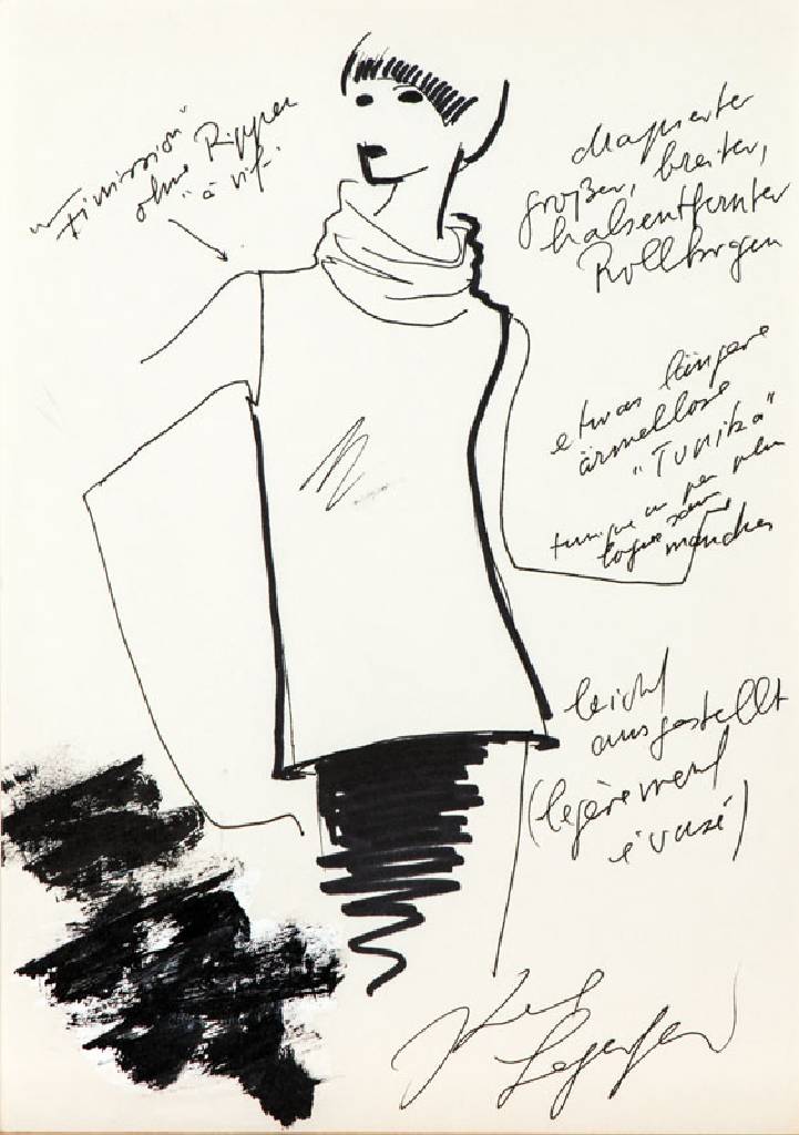 Karl Lagerfeld, geb. 1933 Hamburg, Modeskizze, Filzstift auf dünnem Papier, handsign., teils mit Notizen versehen, Blattgr.29,5x21 cm