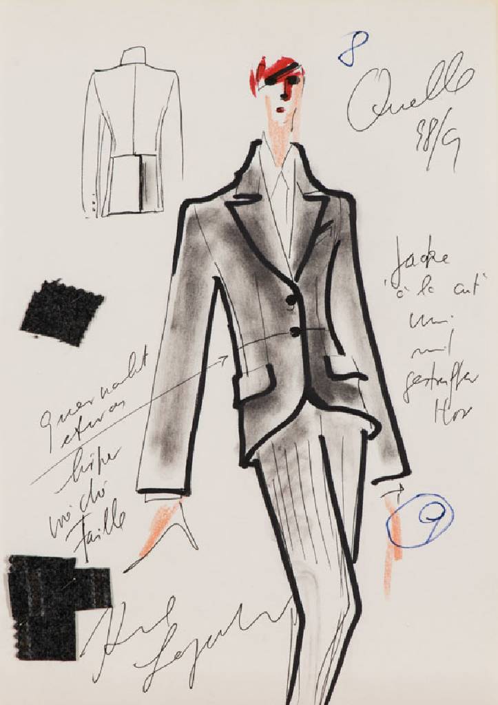 Karl Lagerfeld, geb. 1933 Hamburg, Modeskizze, Filzstift auf dünnem Papier, handsign., teils mit Notizen versehen, dat. Quelle 98/99, Stoffmuster ...