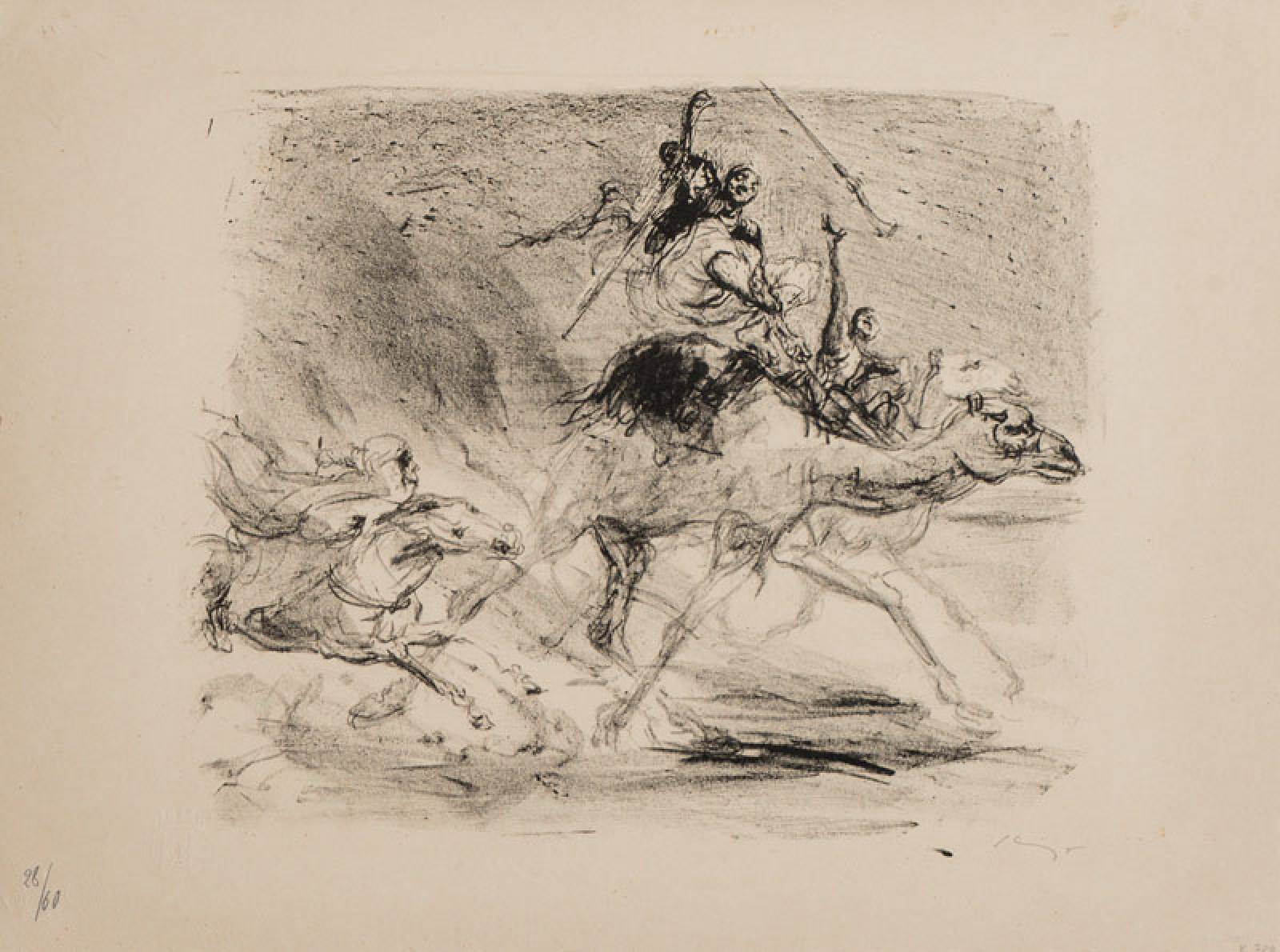 Max Slevogt, 1868-1932, Galoppierende Kamele und Pferde mit Reitern, 1920, Lithographie, handsign., num. 28/60, Blatt mit Druckstempel, Blattgr. ...