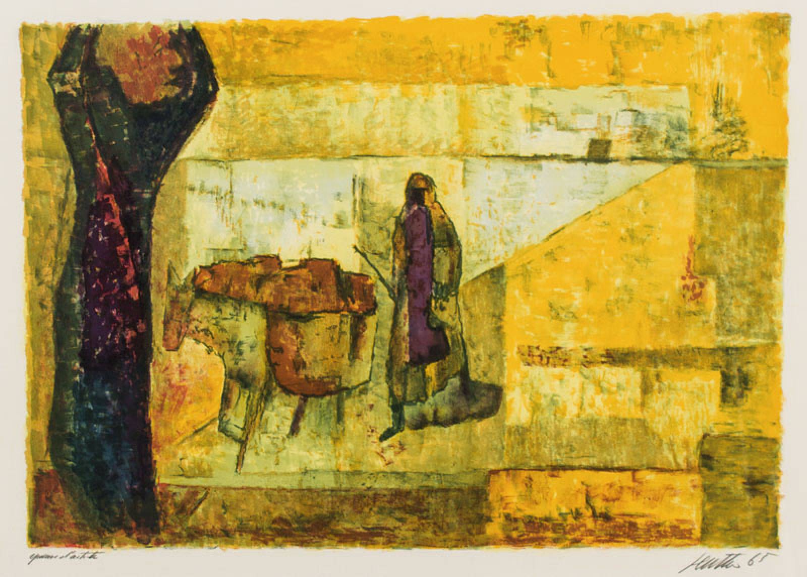 Wolf Reuther, 1917-2004, Rückkehr vom Markt, Farblithographie, handsign., dat. (19)65, bezeichnet epreuve d´artiste, Motiv ca. 39x56 cm, unter Glas ...