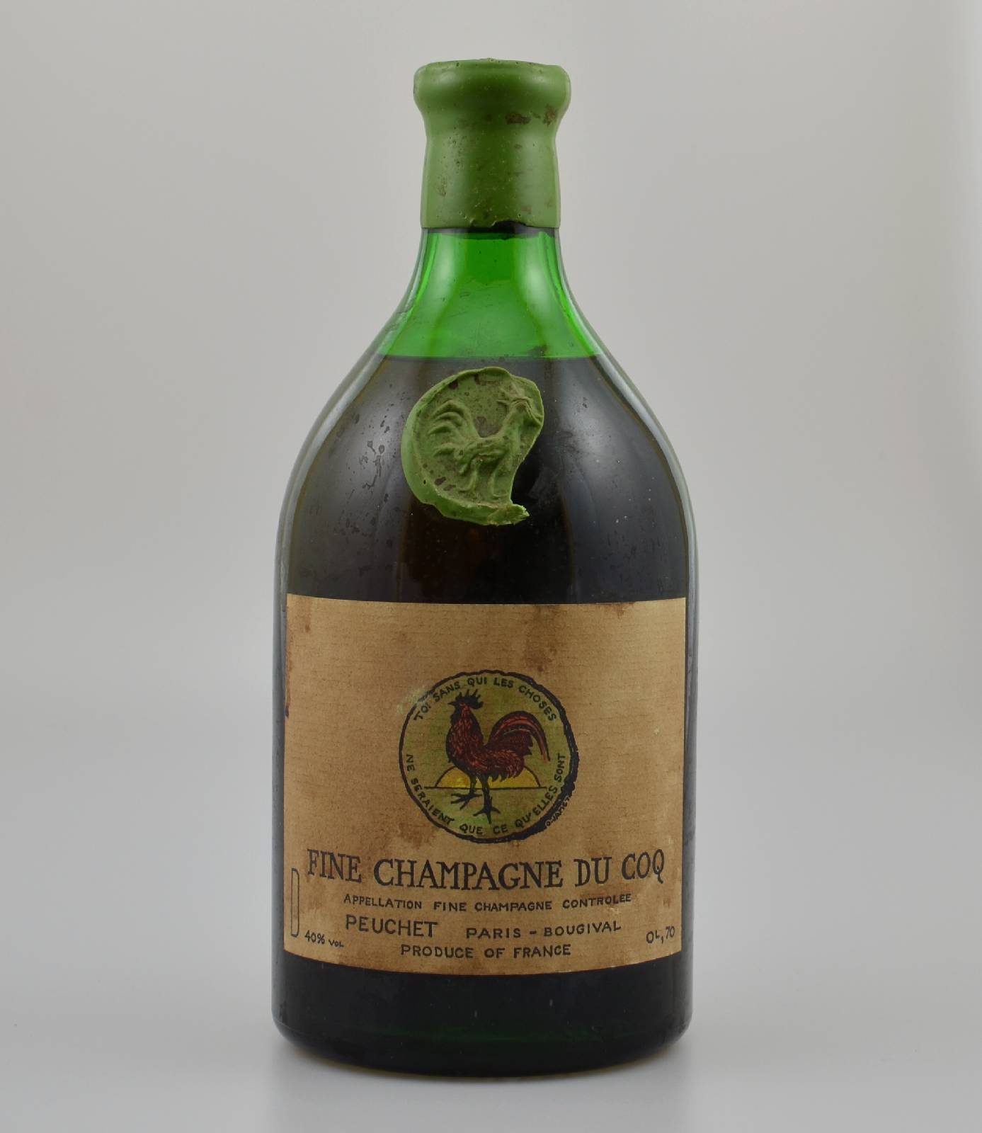 1 Flasche Fine Champagne du Coq, Cognac, Peuchet, Paris-Bougival, Appelation fine Champagne Controlee, ca. 70 cl, 40 % Vol., Kapselwachs l. besch., ...